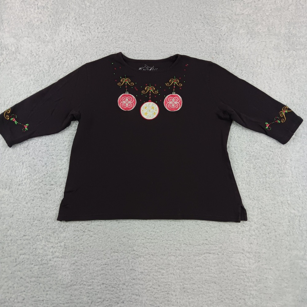 Quacker Factory Top Women L Brown Christmas Ornament Embroidered 3/4 Sleeve‎